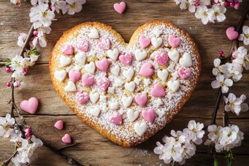 A close-up view of a heart-shaped cake adorned with pink and white heart decorations, perfect for celebrating love on Valentine's Day.
