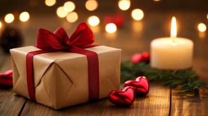 A beautifully wrapped gift adorned with a red ribbon sits beside a flickering candle, creating a warm and romantic atmosphere for Valentine's Day.