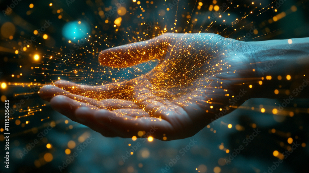 Poster spinning vortex of light and data particles emerging from a human hand symbolizing the fusion of tec