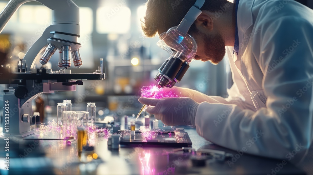Poster scientist examining samples under a microscope in a modern laboratory setting.