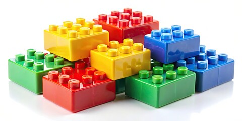 Obraz premium Close up of colorful building block toy bricks, isolated on white background, building blocks, toy, colorful