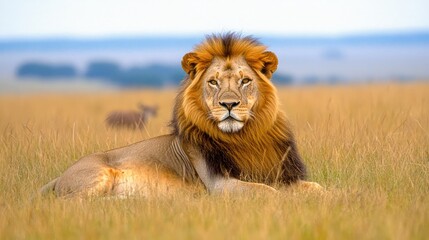 Fototapeta premium A majestic lion resting in the tall grass of the savannah, with its golden mane glowing in the sunlight