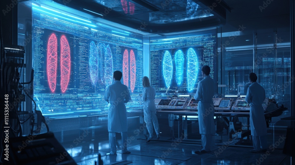 Poster scientists analyzing complex data on futuristic screens in high-tech lab.