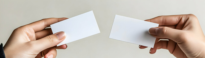 Obraz premium Close Up Business Cards Exchange Professionals Minimalist Light Background