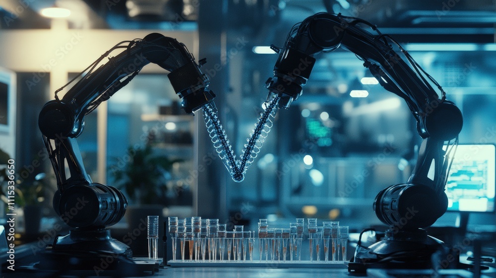 Poster two robotic arms performing tasks in a modern laboratory setting.