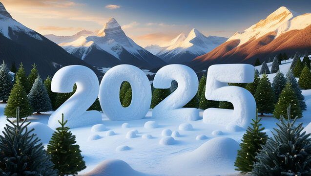 Happy New Year, Number 2025, 2025 Made up of Snow on Snowy Mountains, Winter Concept, Generative Ai