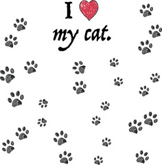 I love my cat text with doodle black paw prints © HELIORA