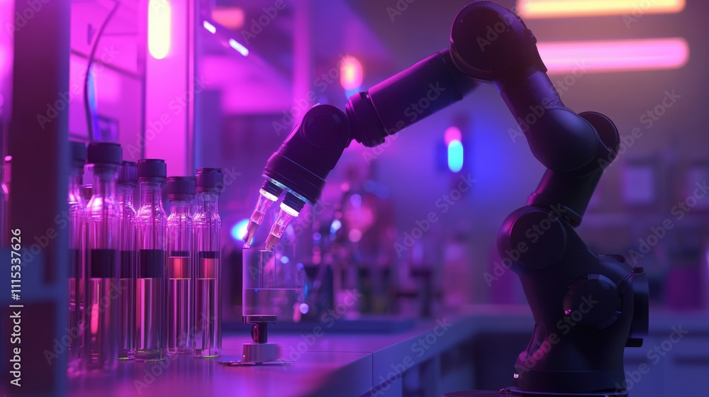 Poster a robotic arm manipulating laboratory glassware in a futuristic lab setting.