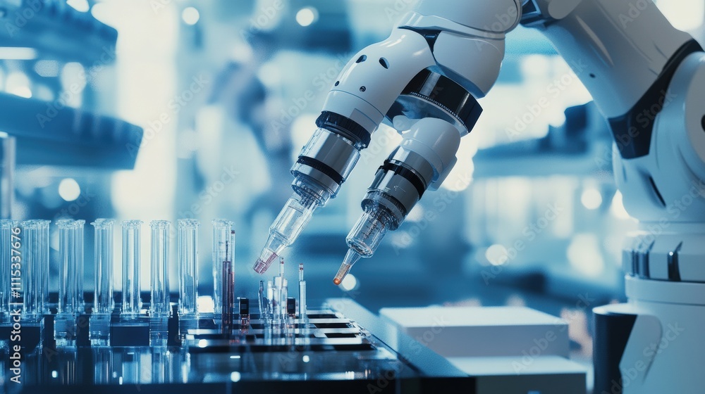 Poster a robotic arm meticulously handling laboratory test tubes in a high-tech lab environment.