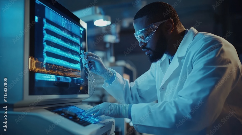Poster a scientist analyzes data on a computer in a modern laboratory setting.