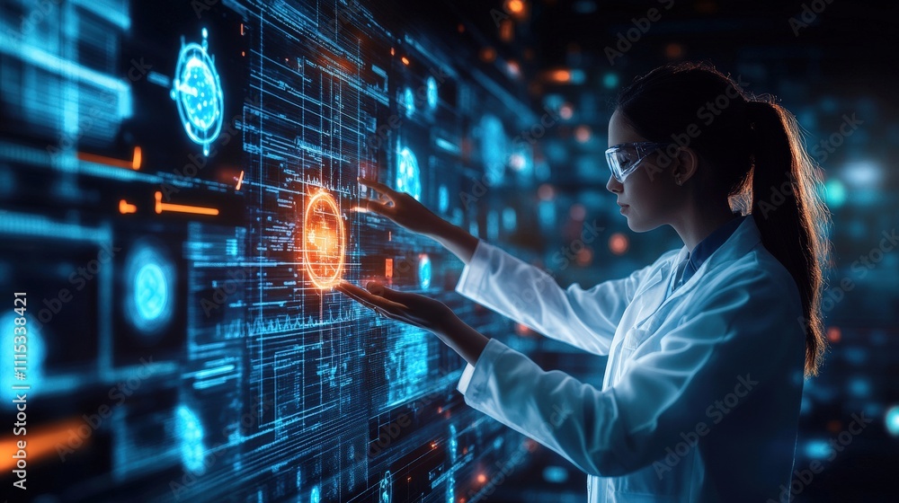 Aufkleber a scientist interacts with an advanced digital interface, showcasing innovation and technology.
