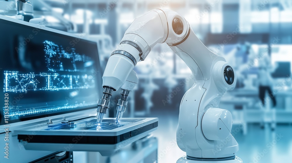 Poster advanced robotic arm working efficiently in a modern technology lab environment.