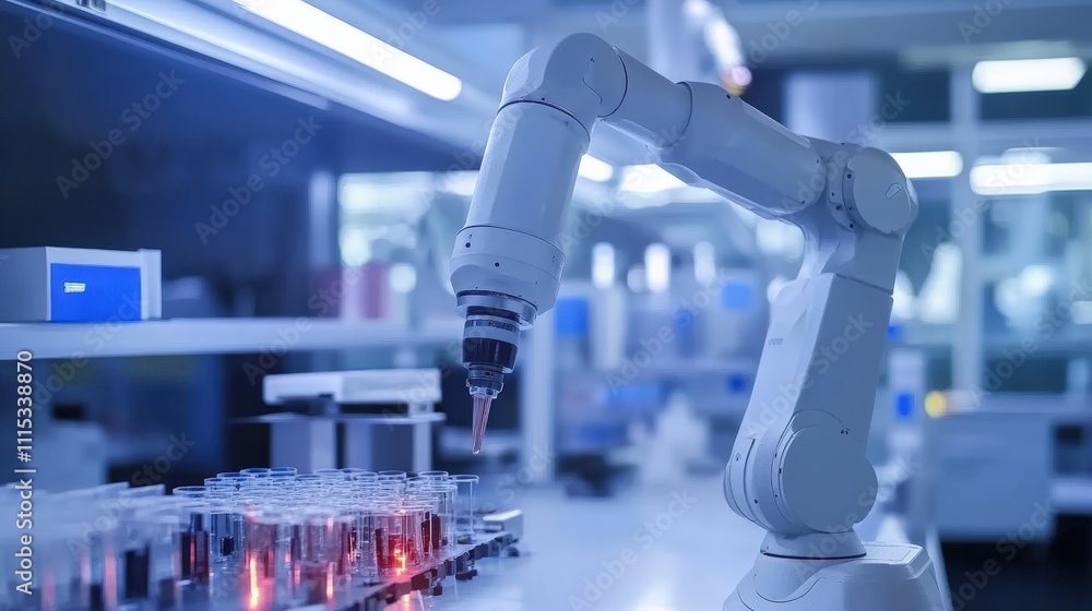 Poster advanced robotic arm manipulating test tubes in a modern laboratory environment.
