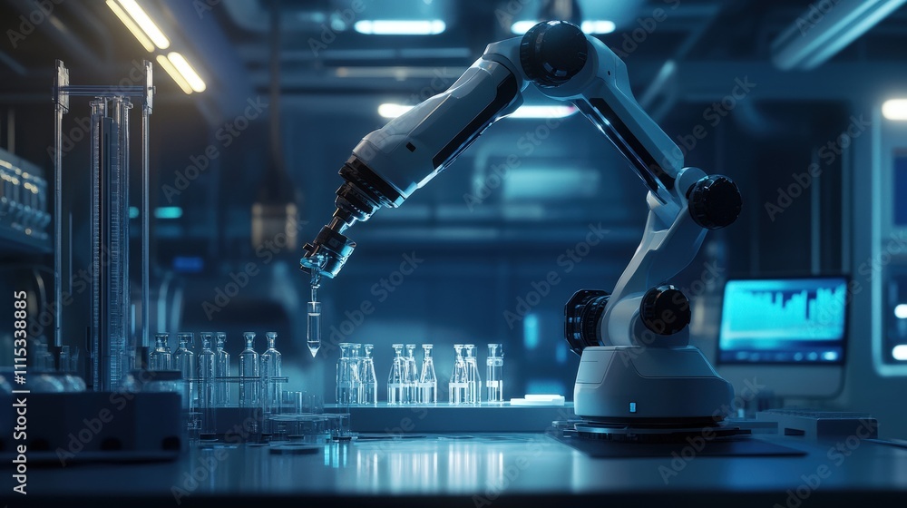 Poster advanced robotic arm working in a high-tech laboratory with glass instruments.