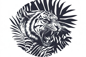 Fototapeta premium A tiger roaring with claws out jungle leaves behind circular design vector black and white simple