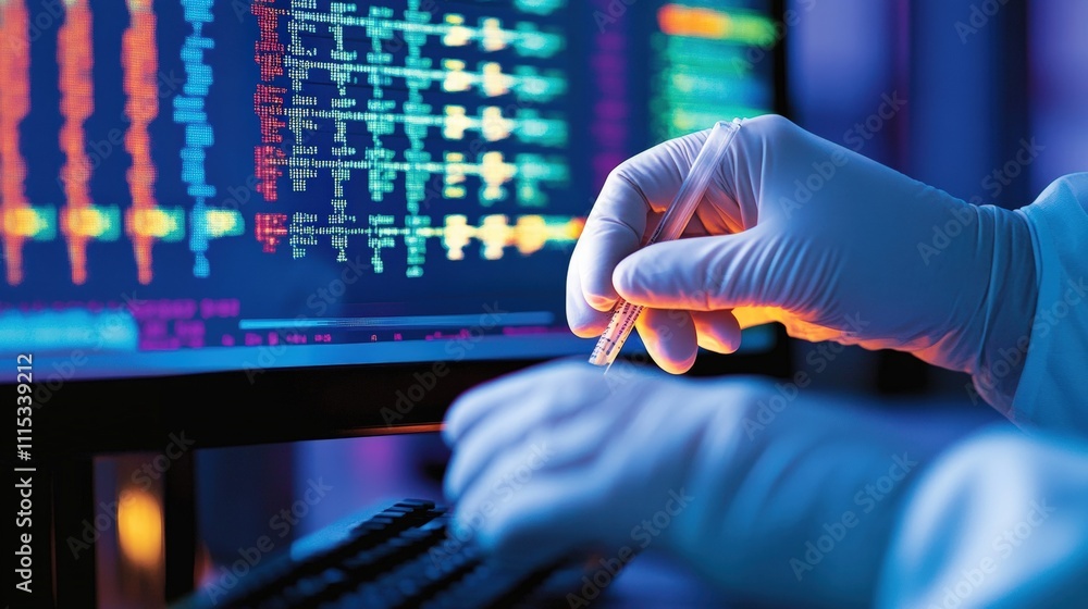 Poster close-up of a scientist's hand working on a computer in a lab environment.