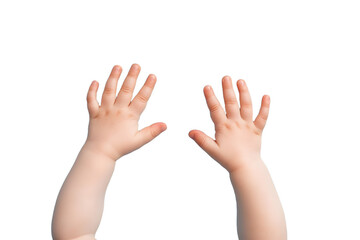 Small child hands on blue background top view. Skin care, family, playing and education template concept.