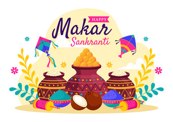 Makar Sankranti Vector Illustration. Translation the Harvest Festival. Indian Festive with Flying Colorful Kites and Festive Activity in a Background