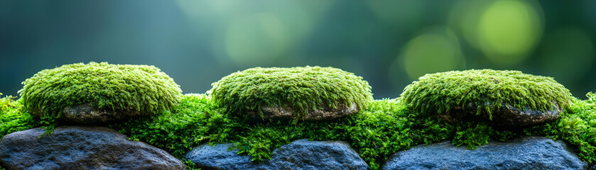 Serene Moss Covered Rocks Close Up with Abstract Background and Copy Space