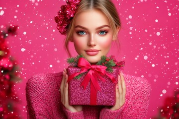 A smiling woman in a pink sweater joyfully holds a beautifully wrapped present adorned with a red bow, embodying the spirit of Valentine's Day.