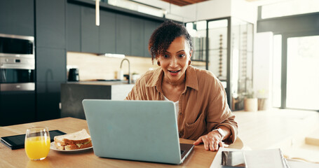Remote work form home, surprise and woman with laptop, online reading and copywriting. Achievement,...