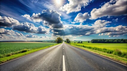 Fototapeta premium Countryside asphalt road with a backdrop of sky, clouds, and nature , road trip, countryside, asphalt road, sky, clouds