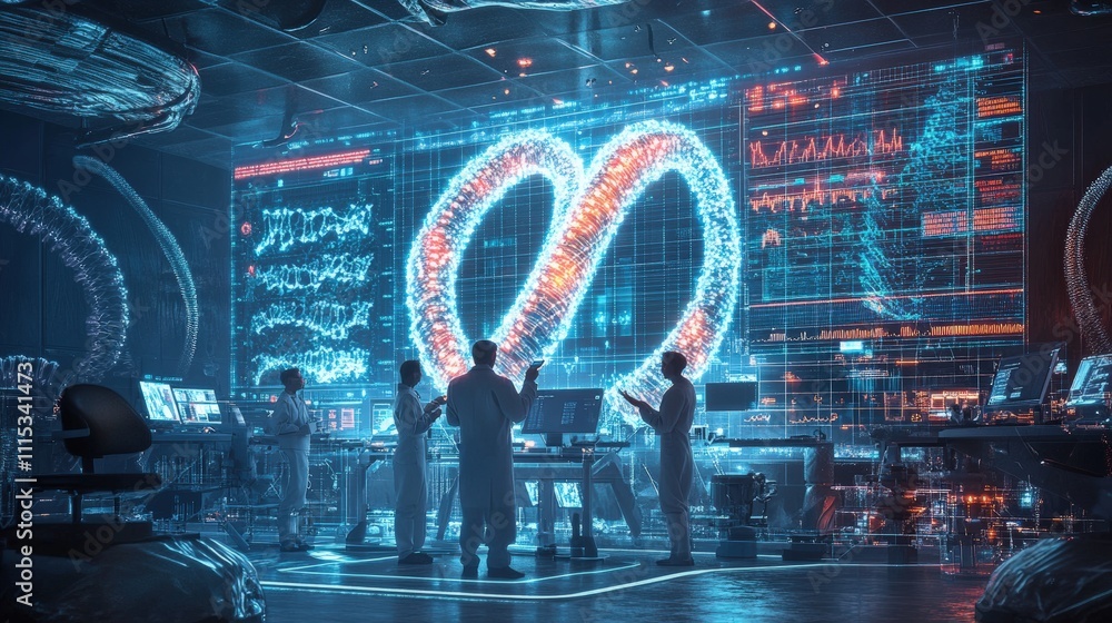 Poster futuristic laboratory with scientists analyzing holographic data and advanced technology.