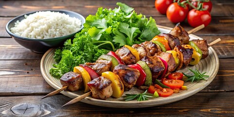 Grilled meat skewer with vegetables, salad, and rice , barbecue, skewer, grilled meat, vegetables, salad, rice