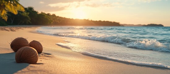 Three coconuts lie on a sandy beach, bathed in the golden glow of a tropical sunset. The gentle surf laps the shore, creating a sense of serenity.