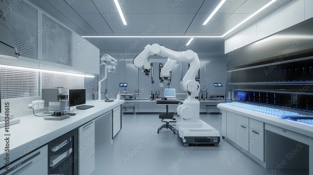 Poster futuristic robotic arm in a clean lab environment with advanced technology setup.
