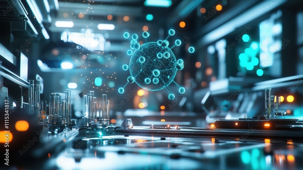 Poster futuristic tech environment with holographic displays and advanced digital interfaces.