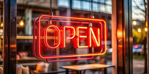Red neon Open sign on door of cafe. Welcome. Close-up, neon sign, red, open, door, cafe, welcome, pastry shop