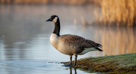 Fototapeta premium Majestic canadian goose by tranquil lake at sunrise – perfect for nature and wildlife themes