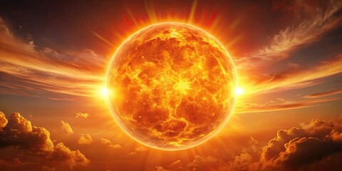 Closeup view of a vibrant, isolated sun in the sky , sunlight, summer, heat, sky, celestial, glowing, hot, yellow, isolated, close-up