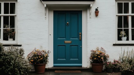 Obraz premium Charming Cottage with Teal Blue Door and Floral Pots