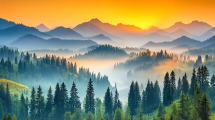 Obraz premium Misty Mountain Range with a Sunlit Sky at Dawn