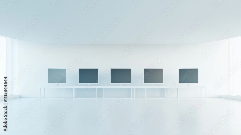 Poster Minimalist Modern Workspace with Monitors in Bright High-Tech Environment