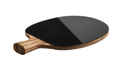 A sleek wooden table tennis paddle with a black surface, designed for competitive play.