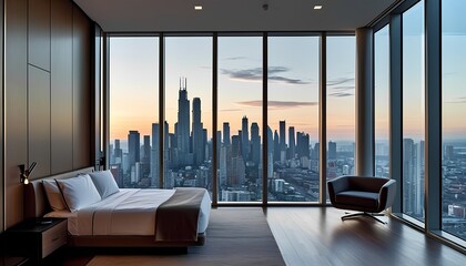 Obraz premium Sunset view from luxurious bedroom overlooking chicago skyline modern interior design urban environment scenic vista for relaxation and inspiration