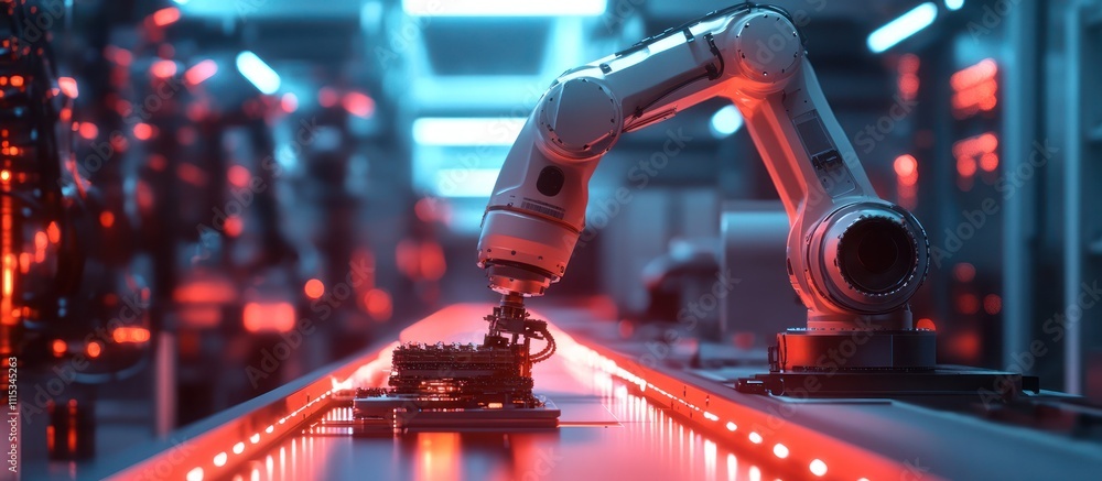 Poster a robotic arm in a factory setting with a conveyor belt and red lights.