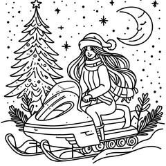 Obraz premium Blank coloring book illustration, a woman wearing a Christmas hat is riding a ski car.
