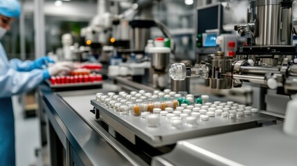 A clean, modern laboratory setting focused on pharmaceutical production, showcasing vials and equipment in a sterile environment.