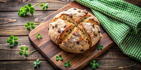 Rustic Irish soda bread displayed on a wooden board with a shamrock napkin , St. Patrick's Day, traditional, homemade, rustic