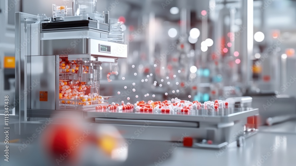 Poster a high-tech laboratory scene showcasing automated machinery handling colorful vials, emphasizing pre