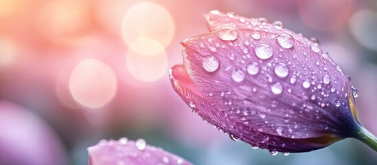 Fototapeta premium A single purple flower bud covered in dew drops, with a soft, blurred background of pink and white bokeh.