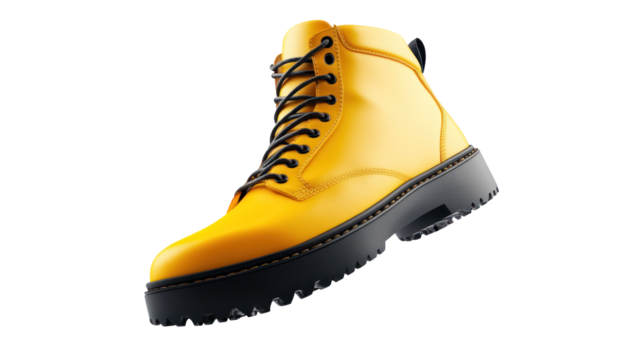 A vibrant yellow boot with black laces, designed for durability and outdoor use.