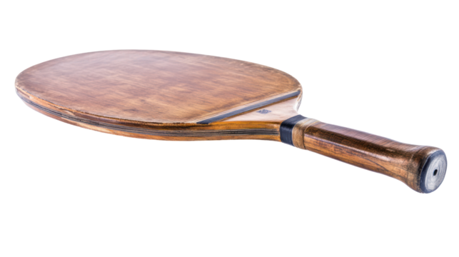 A wooden paddle used for playing table tennis, featuring a smooth surface and a sturdy handle.