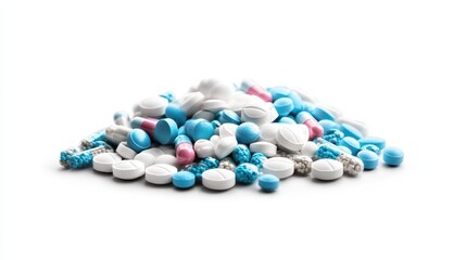 A colorful assortment of pills and tablets scattered together, showcasing various shapes and sizes on a white background.