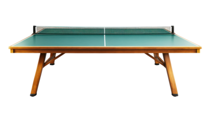 A wooden table tennis table with a green surface and net, designed for playing table tennis.