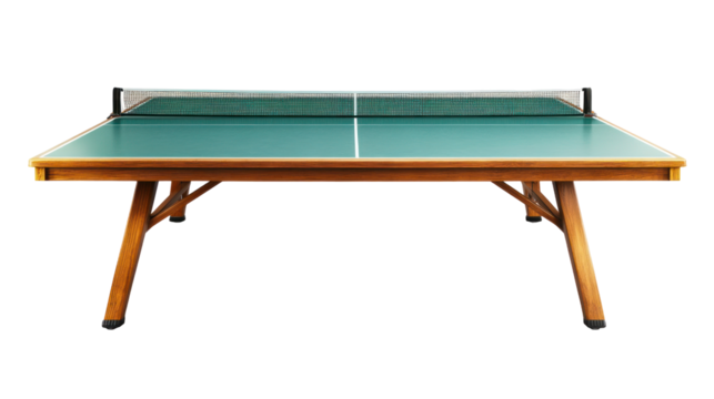 A wooden table tennis table with a green surface and net, designed for playing table tennis.